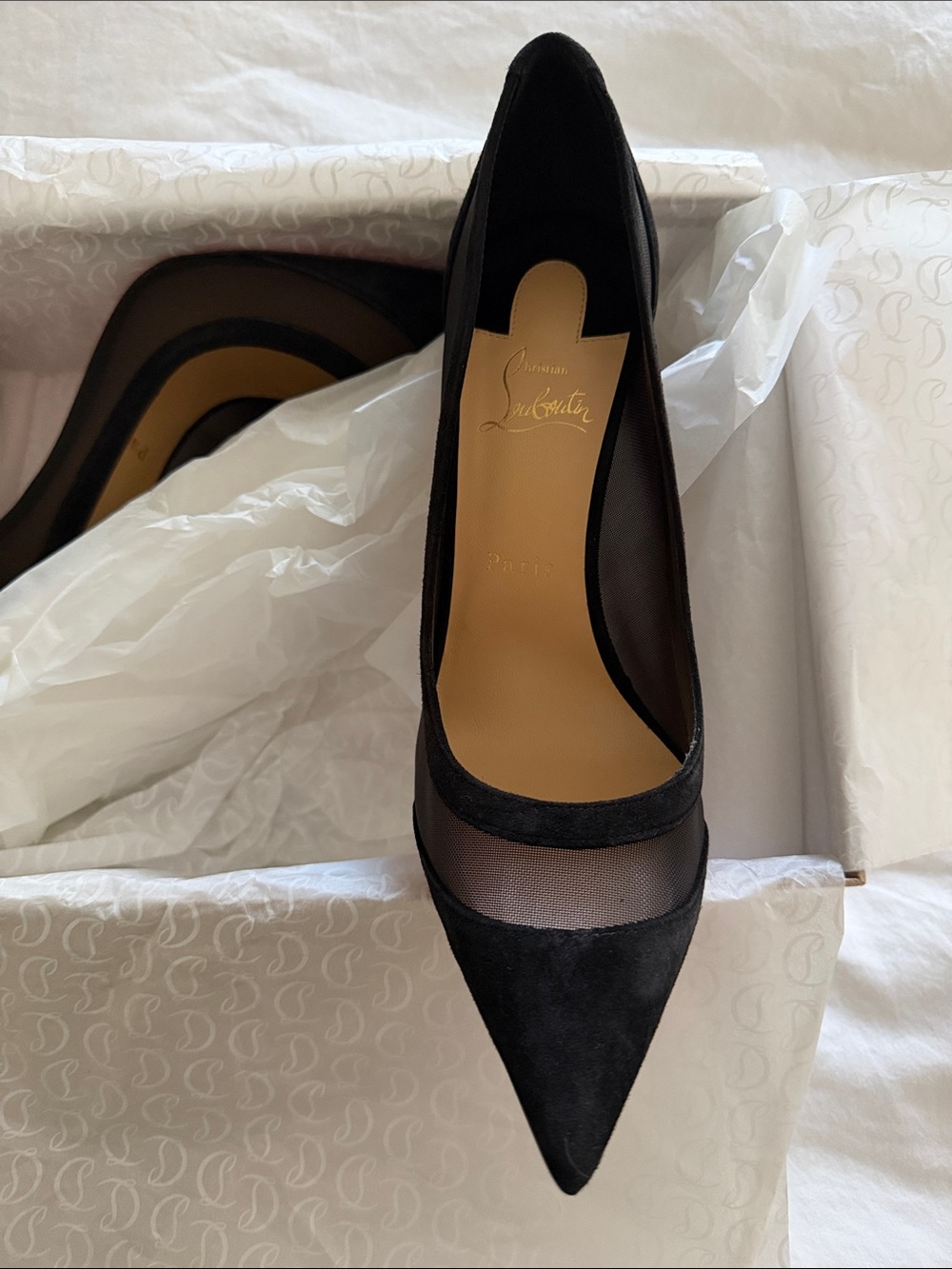 Christian Louboutin Black Mesh and Suede Pointed-Toe Pumps